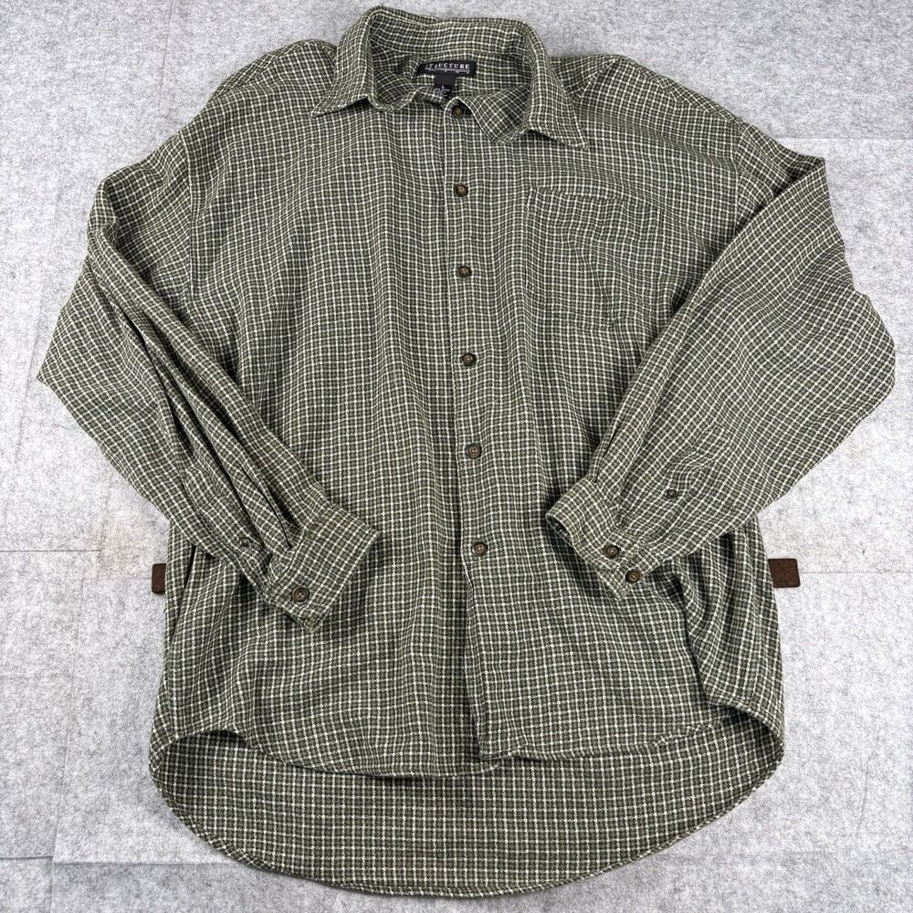Vintage Structure Mens Large Green Cream Grid Check Flannel Shirt 100% Cotton